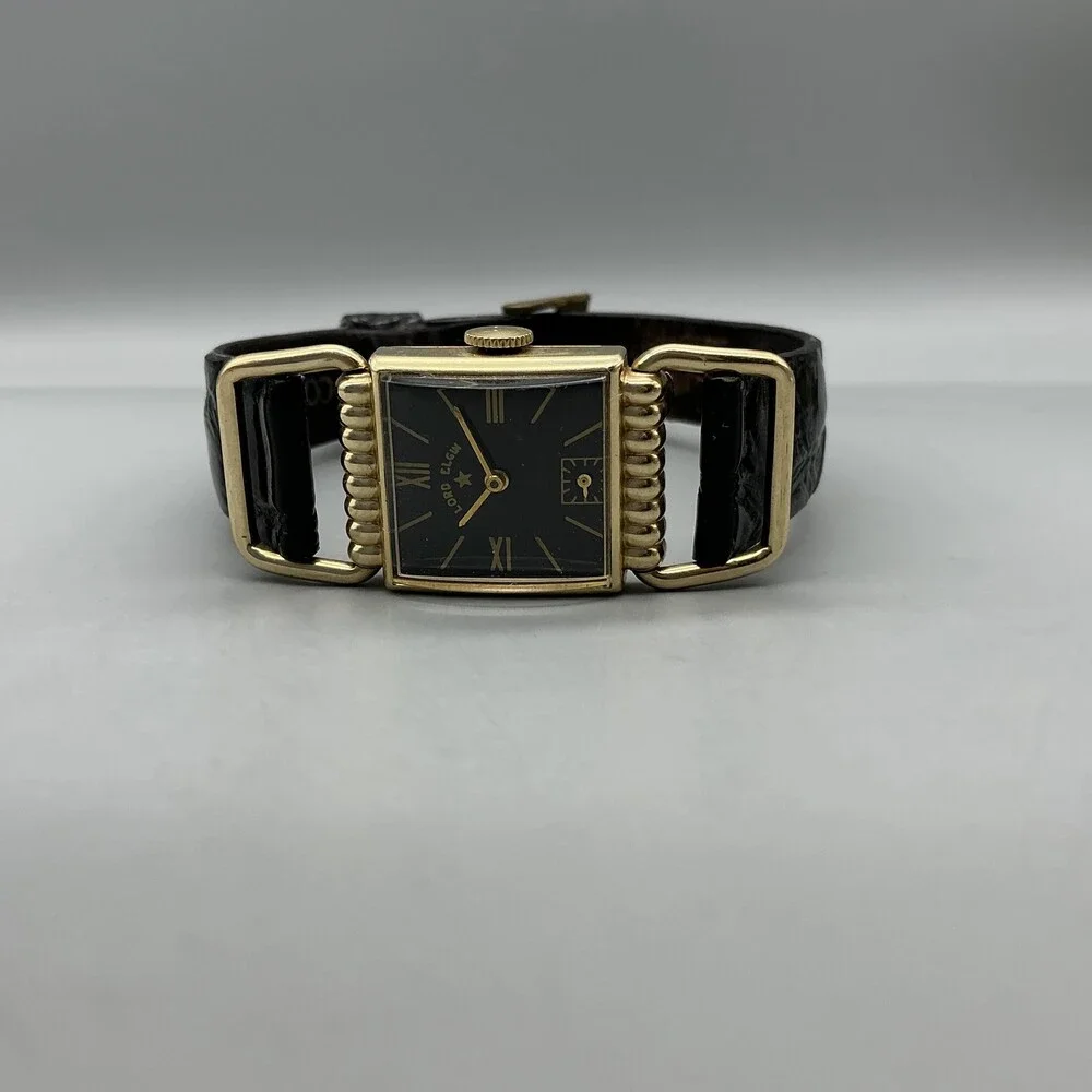 Vintage Lord Elgin Mens Watch 21mm Black Dial 14K Gold Filled 4602 Manual Wind